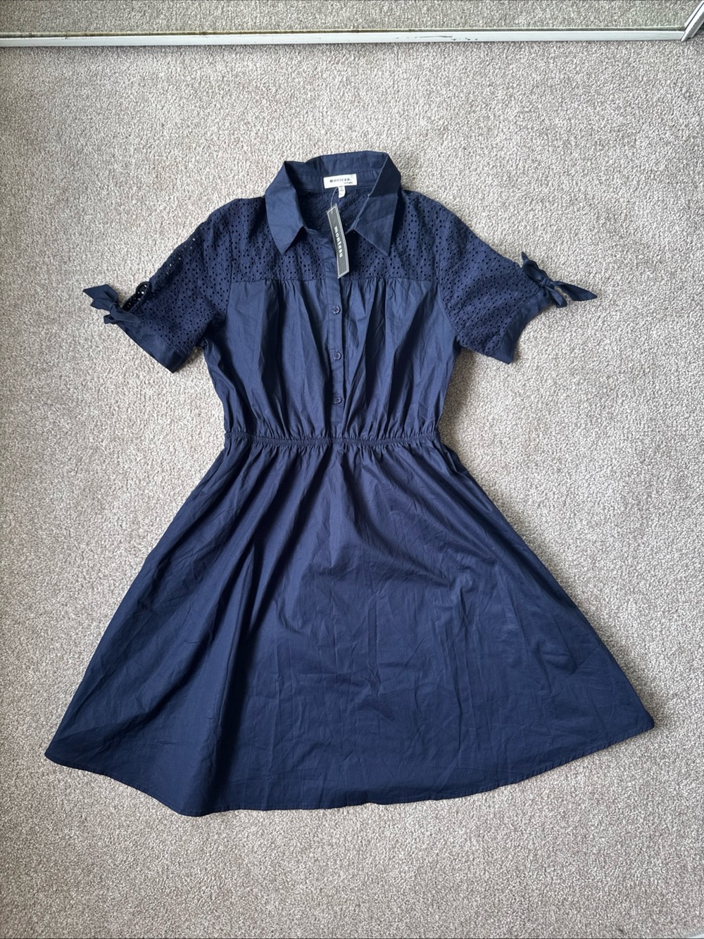 Monteau Navy Eyelet-Sleeve Button Front Dress